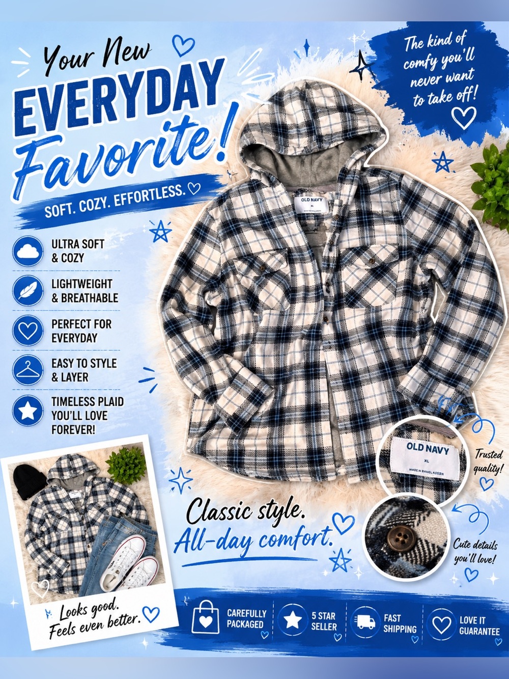 Old Navy Plaid Hooded Shirt Jacket - Cream, Navy & Black